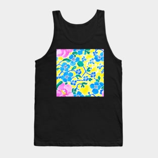 Pink and blue preppy flowers on yellow Tank Top